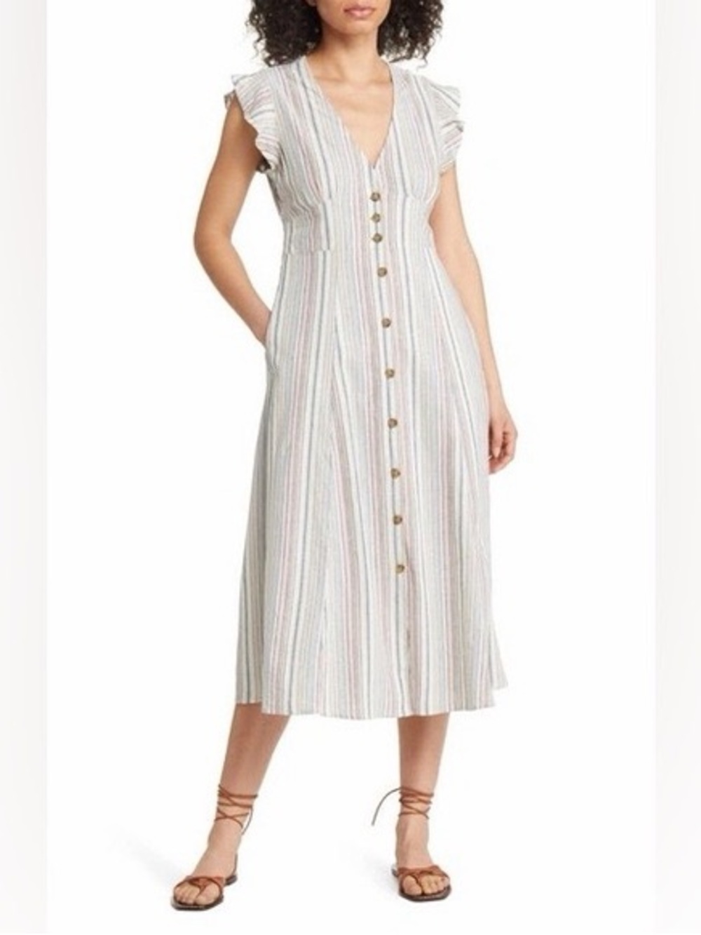 Marine Layer Camila Midi Dress Pastel Multi-Stripe Button-Front Size XS